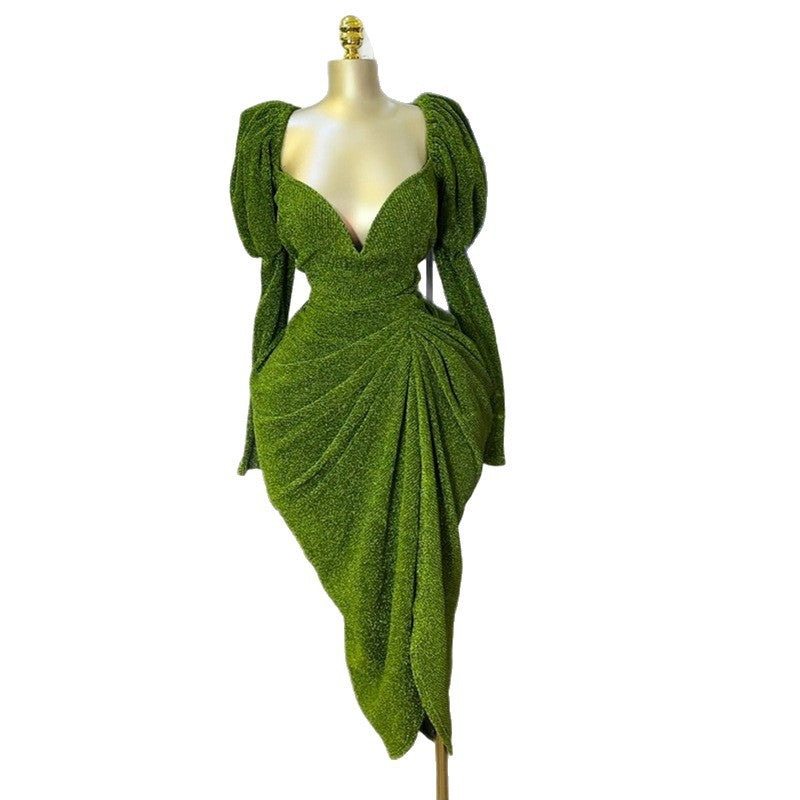 European and american cross-border women's fashion:  summer new arrivals - sexy and elegant v-neck lantern sleeve evening gown bodycon dress