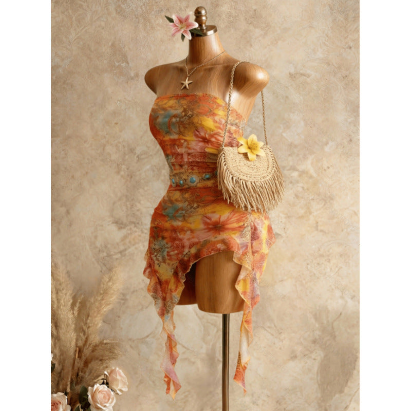Women's summer vacation sexy printed ruffle asymmetrical hem mini dress (waist chain and accessories not included)
