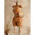 Women's summer vacation sexy printed ruffle asymmetrical hem mini dress (waist chain and accessories not included)