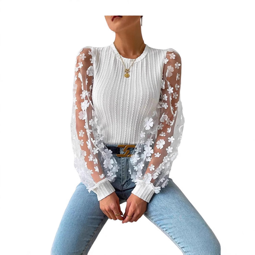 European and American  women's clothing, mesh floral chiffon shirt women's 2024 spring and summer round neck thin pullover long-sleeved top