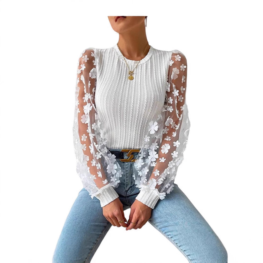 European and American  women's clothing, mesh floral chiffon shirt women's 2024 spring and summer round neck thin pullover long-sleeved top