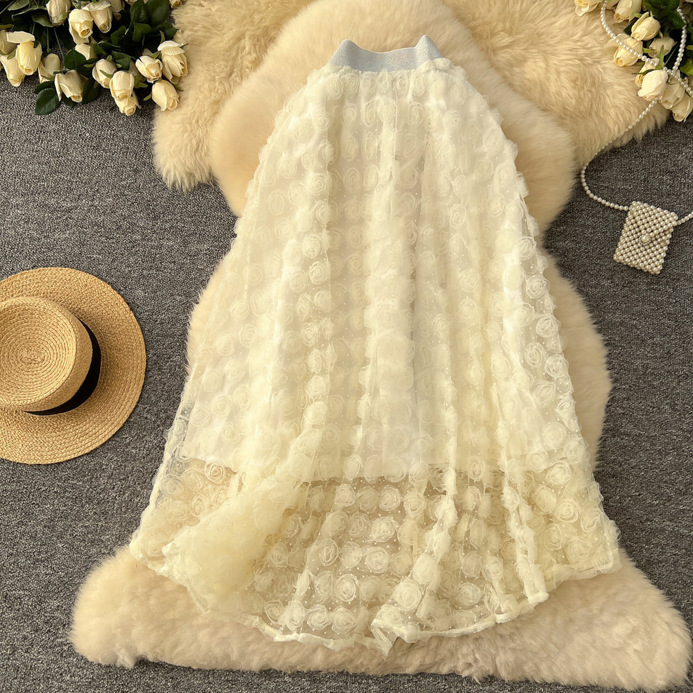 French heavy industry stereo rose flower high waist skirt women's styleeasiest for matchslimming lookelegance large swing a-line umbrella skirt