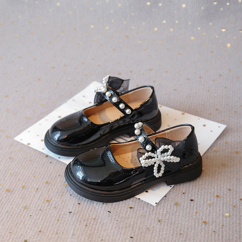 Vancahao kids' black leather shoes -  autumn new collection - girls' fashionable beaded bowknot patent leather princess shoes