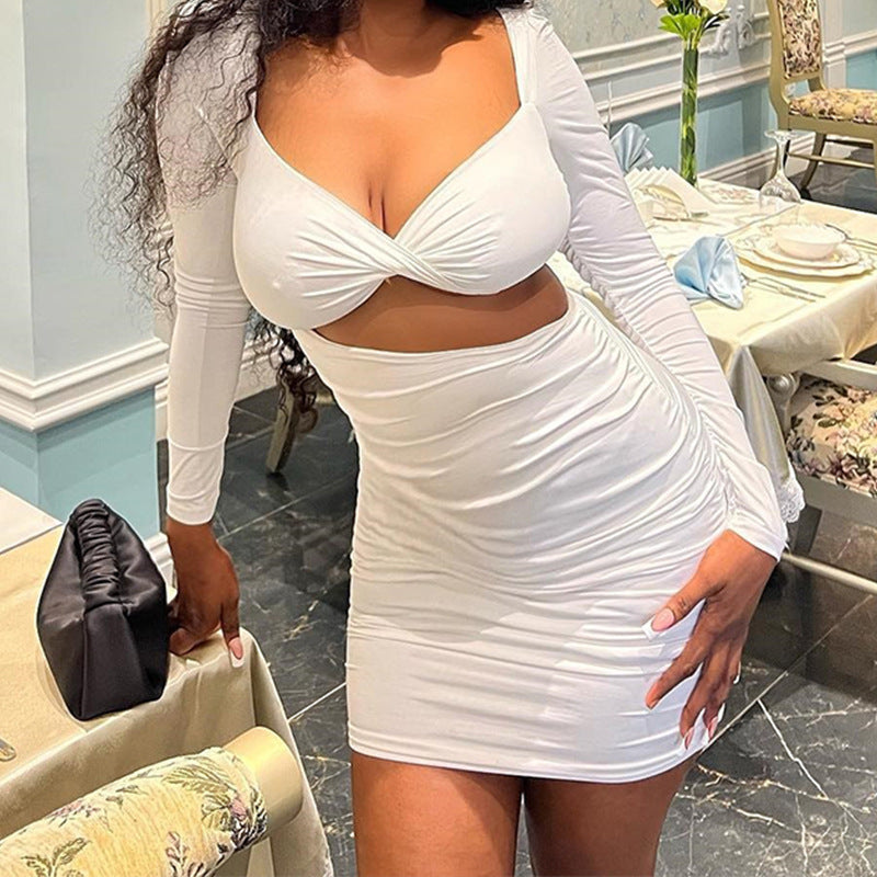 European and american style ins foreign trade women's backless sexy ruched streetwear dress solid color long sleeve v-neck bodycon mini dress