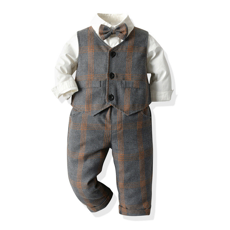 Factory direct children's spring fashion set: korean style plaid vest three-piece outfit for boys, kids' formal wear - in stock