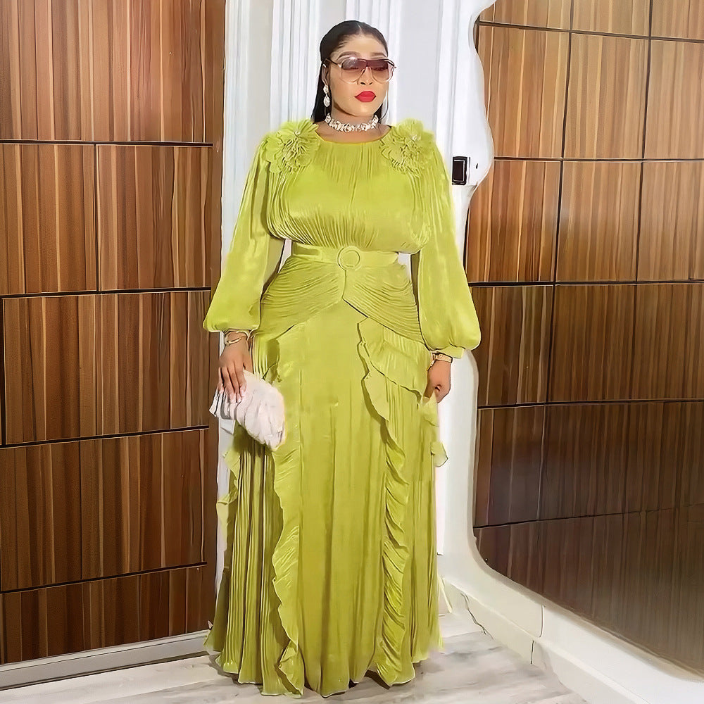 fashionfashionelegantflower dress african export  plus size women's pleated long sleevesdress