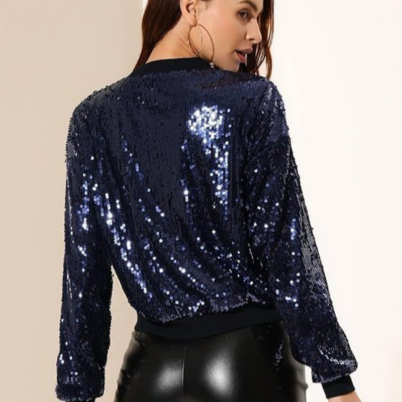 glitter sequin long sleeve bomber jacket women's  spring new design chic outerwear