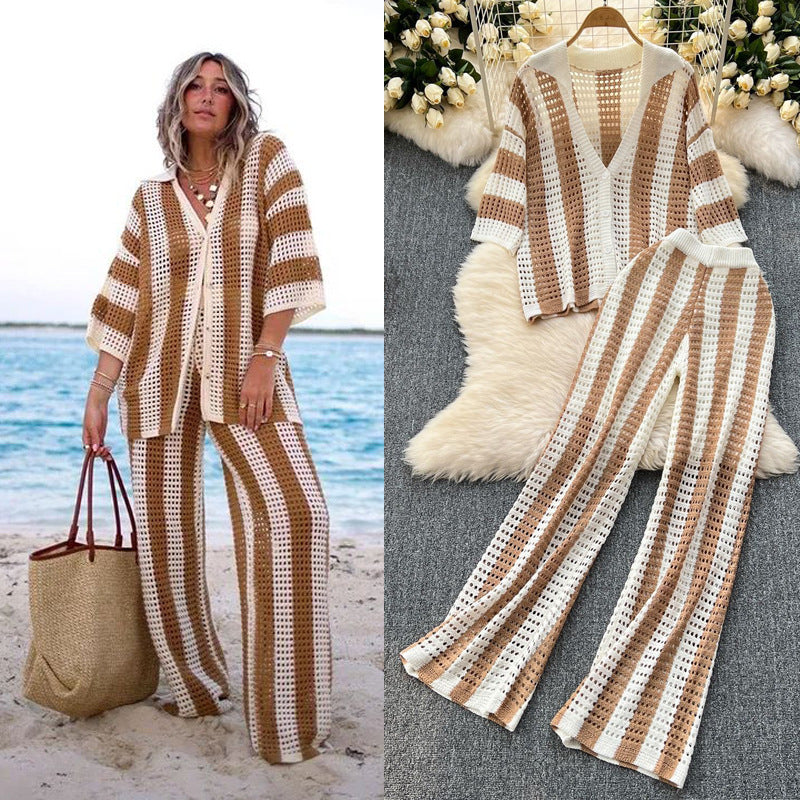 Women's summer v-neck loose knit cardigan top + wide leg pants set - color block striped cutout outfit
