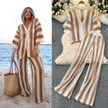Women's summer v-neck loose knit cardigan top + wide leg pants set - color block striped cutout outfit