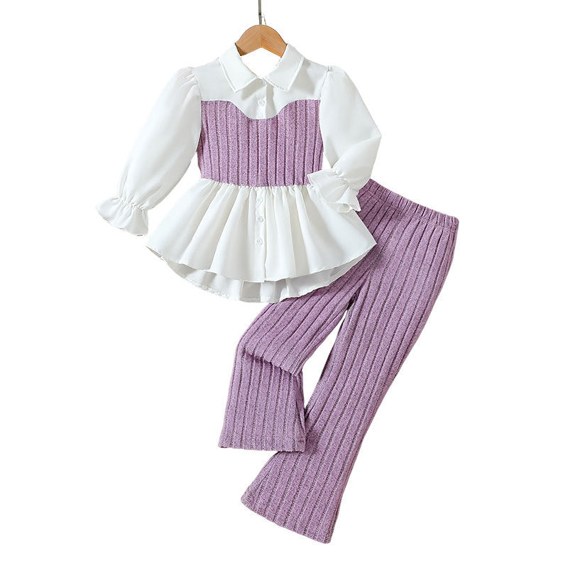 Autumnew arrivalkidsshirtvest lacetwo-piece setfashiontweed stylepantsgirllong sleevesk-stylesuit