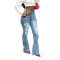 Fashion jeans women's ripped pearl micro-flared jeans cross-border high waist raw edge slit slimming look women's flared pants
