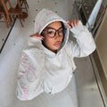 Amazon fashion cross-border  new arrival women's embroider hooded sweatshirt with pink floral lettering on the back and double sleeves