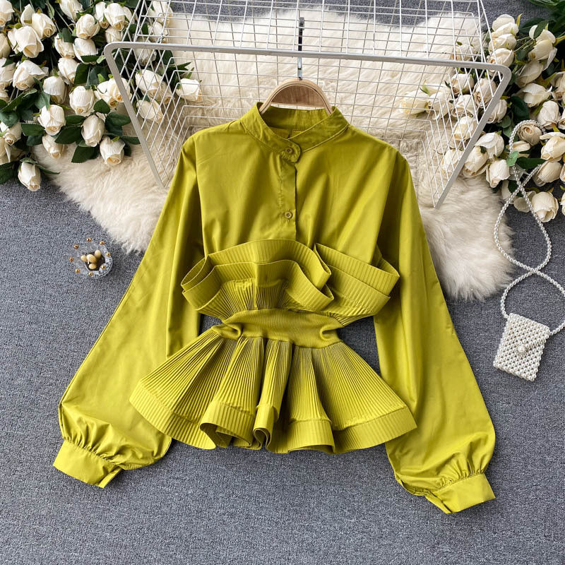 Long sleeves shirt for women sense of designniche style stereo pleated ruffles waist slimming lookeleganteasiest for match spring clothingtops for women