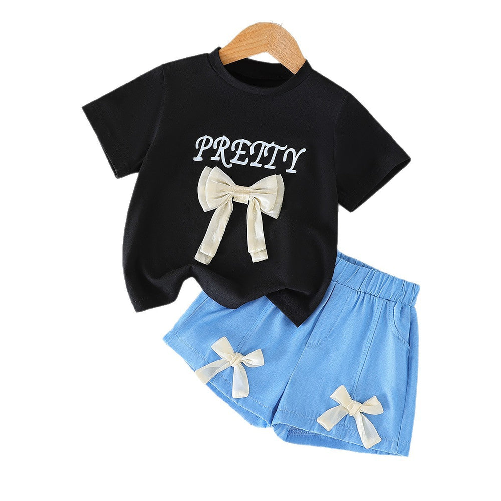 summer girls' outfit: round neck letter print top with sky blue shorts and bow detail - kids' two-piece set