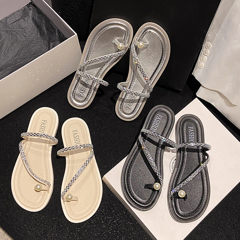 Summer new arrivals: french-inspired flat sandals for casual getaways - stunning, ethereal style, women's outdoor fashion slides with rhinestone accents