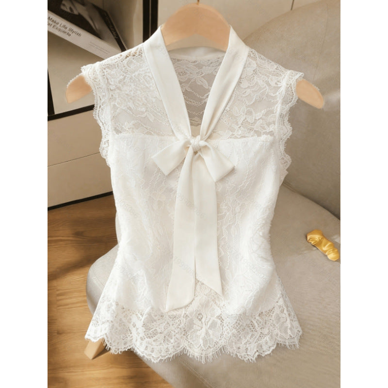 Women's summer new arrival: minimalist elegant solid color lace trim tie-up sleeveless slim-fit fashion tank top