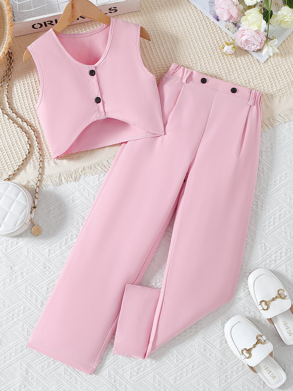 girl pure colortwo-piece setshortvestloose pants4 colorscasual style kidssummercasual pantssuit