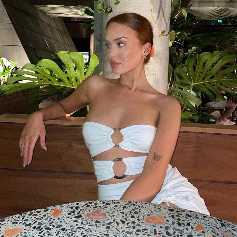 European and american ins cross-border hot style  summer new style women's one shoulder sexy cut out high slit hip dress