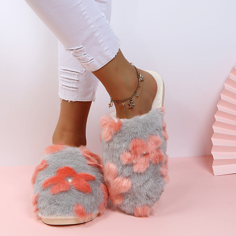 Thick solefall and winter shoes for women pearl flowers stuffedheattech fur slippers toe cap cotton slippers new arrivalin stock dropshipping