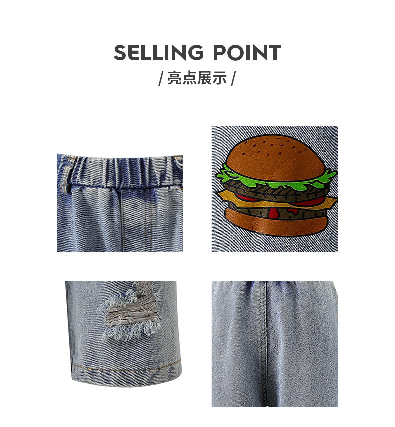 Exportgirljeans cartoon stickers hamburger fries loose distressed ripped pants kidsstraight-legloose pants