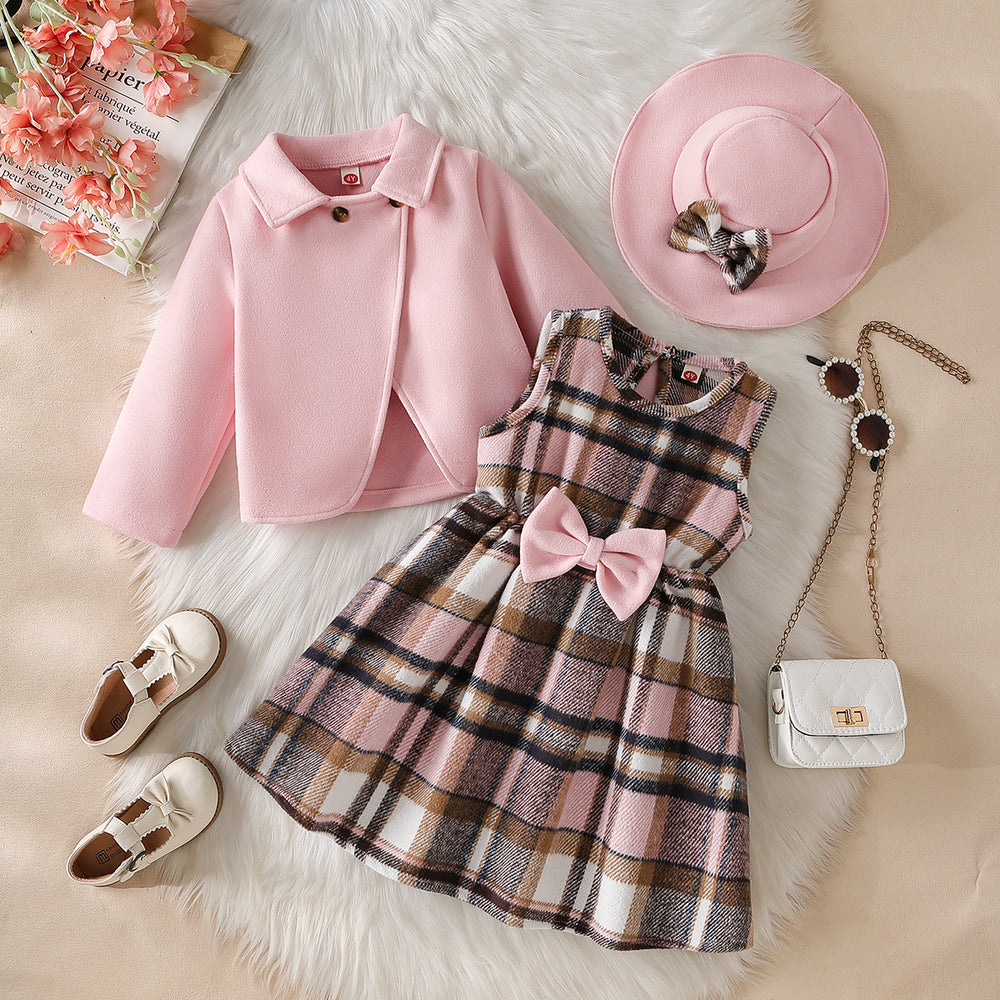 exclusive supply of elegance woolen outwear + plaid a-skirt + bow hat fall and wintergirlsuit three-piece set