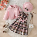 exclusive supply of elegance woolen outwear + plaid a-skirt + bow hat fall and wintergirlsuit three-piece set