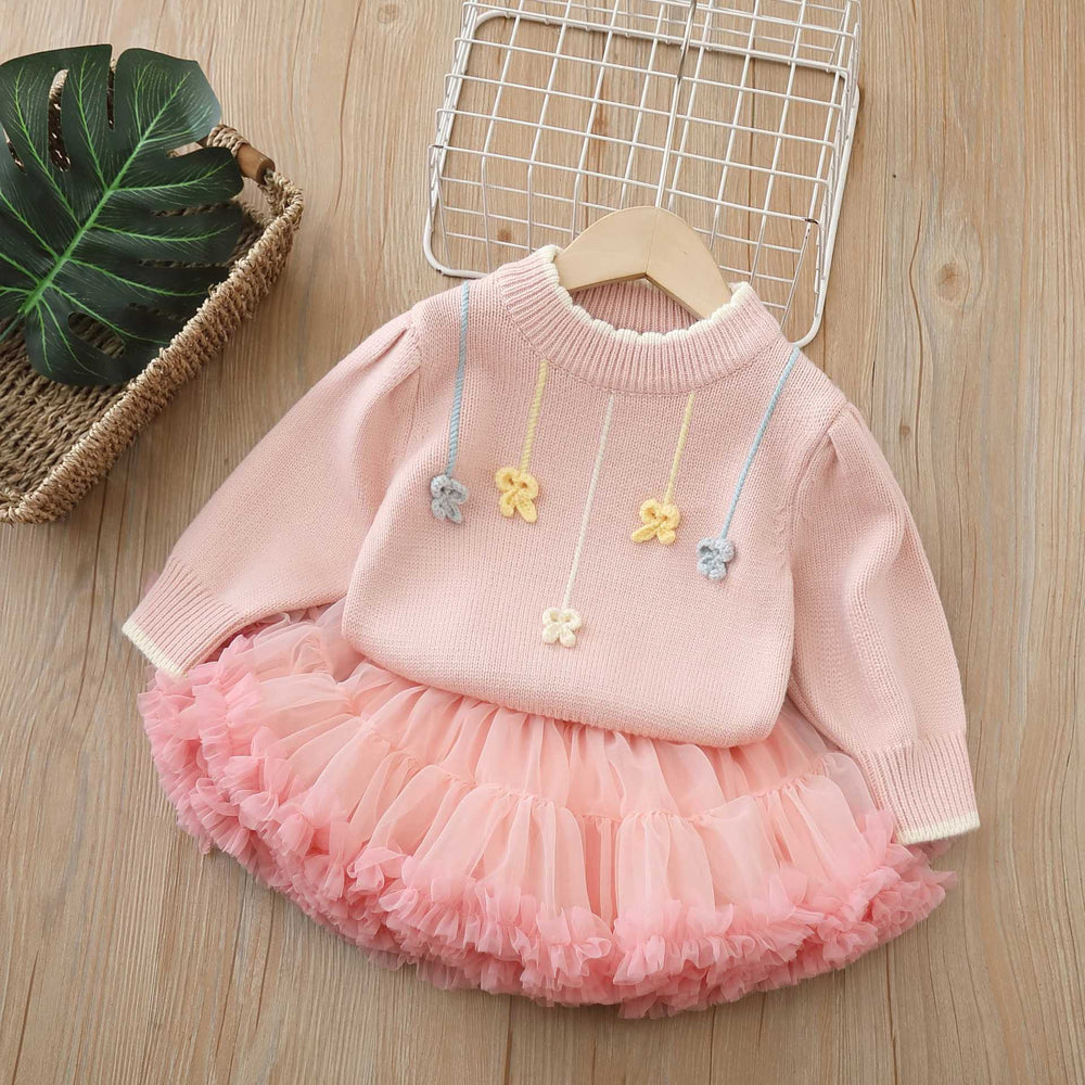 fall/winter new girls' sweater and tutu skirt set - handmade floral knitted outfit for little girls
