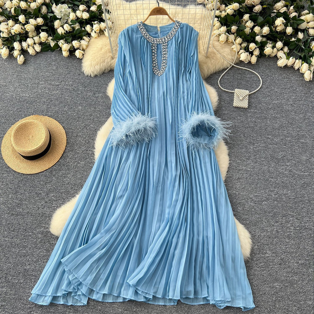 European and american cross-border  autumn new arrival: elegant solid color dress - round neck, rhinestone embellished, loose fit, faux fur trim, pleated maxi dress