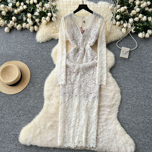 Classy sense of beads and diamonds v necklacedress women's french waist slimming lookelegant hip-covering dress long skirt