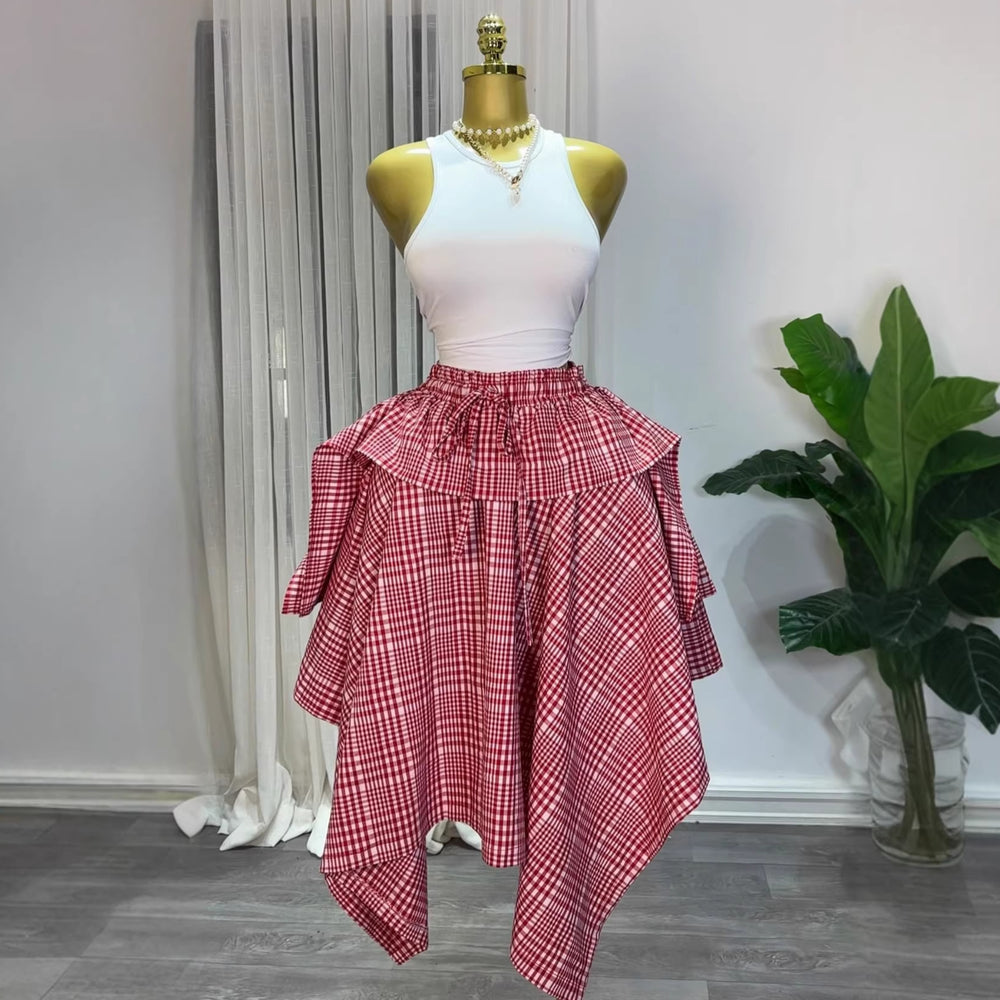 European and american cross-border women's fashion:  summer new arrival - high-waisted, slimming, elastic waist, tie-waist, asymmetrical plaid midi skirt