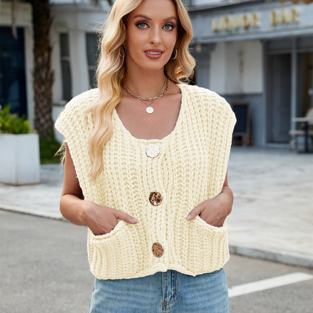 Fashion cross-border women's clothing  independent station new v-neck three-button sleeveless cardigan sweater vest