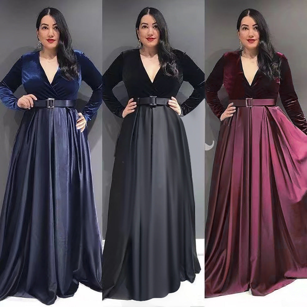 African dress women's european and american  cross-border hot style autumn and winter fashion deep v velvet long sleeve flared maxi dress * includes belt