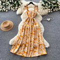 Vacation style printing suspender casual sleeveless dress for women summersense of designhigh waist waist slimming look long skirt yellow