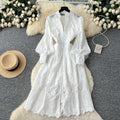 Frencheleganceniche stylefashionheavy industrycut outembroiderv neck lantern sleeve single breasted waist slimming lookdress women