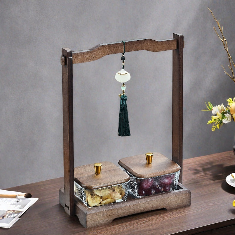 Luxury walnut wood-effect fruit & snack platter - home use, divided compartments, creative dried fruit dish, dessert glass bowl & fruit plate