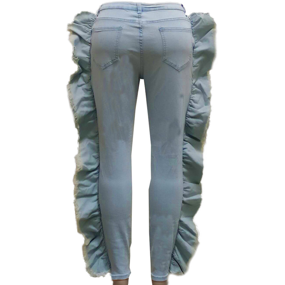 European and american cross-border women's fashion  jeans: streetwear casual hand-weathered distressed side ruffle skinny stretch pants