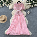 French chic red lapel lace patchwork dress - women's summer high-end commute elegance pleated skirt