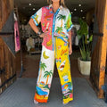 cross-border e-commerce european and american women's clothing: new summer collection - vacation-inspired color block fashion print shirt and wide-leg pants set