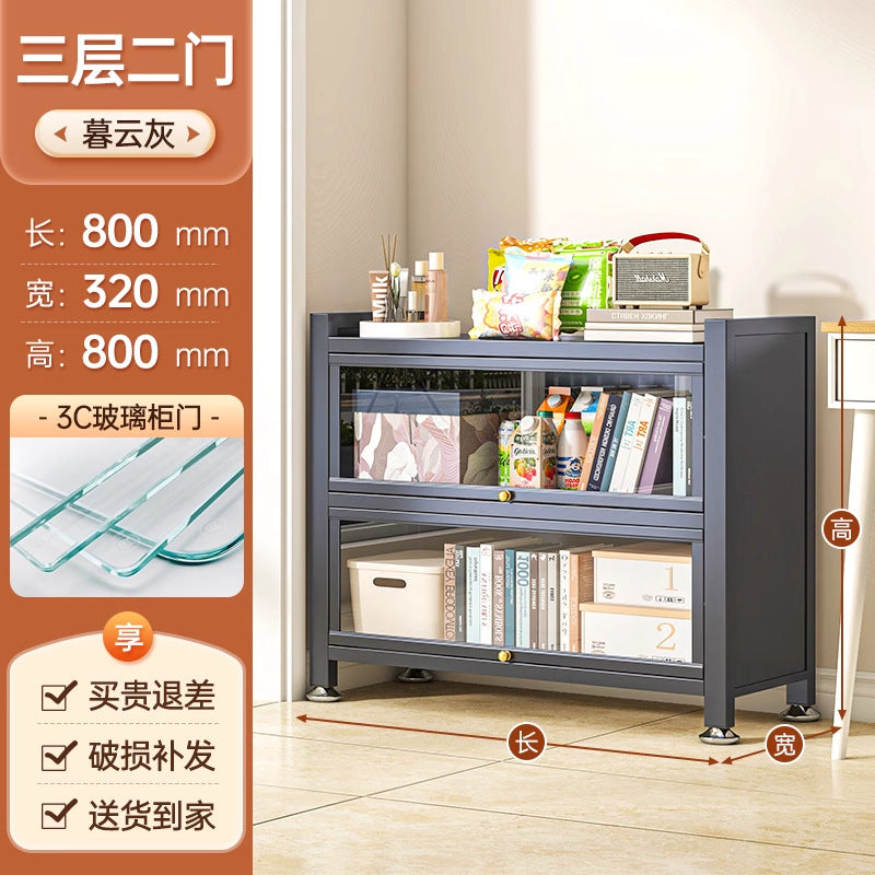 Steel bookcase glass door bookshelf for home living room storage cabinet floor-standing dust-proof figure display cabinet iron storage rack