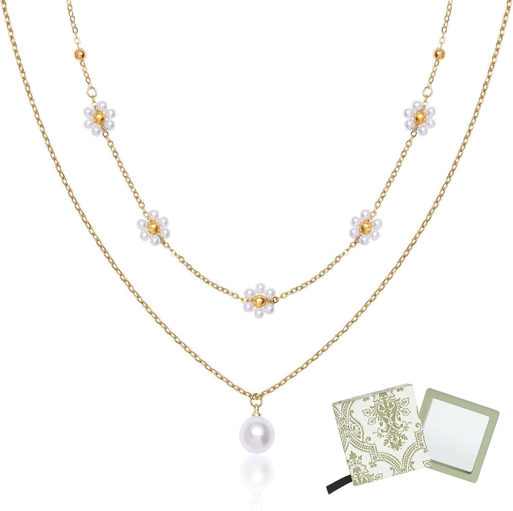 women's flower necklace, women's multi-layer heart-shaped necklace, cute gold pearl pendant necklace set