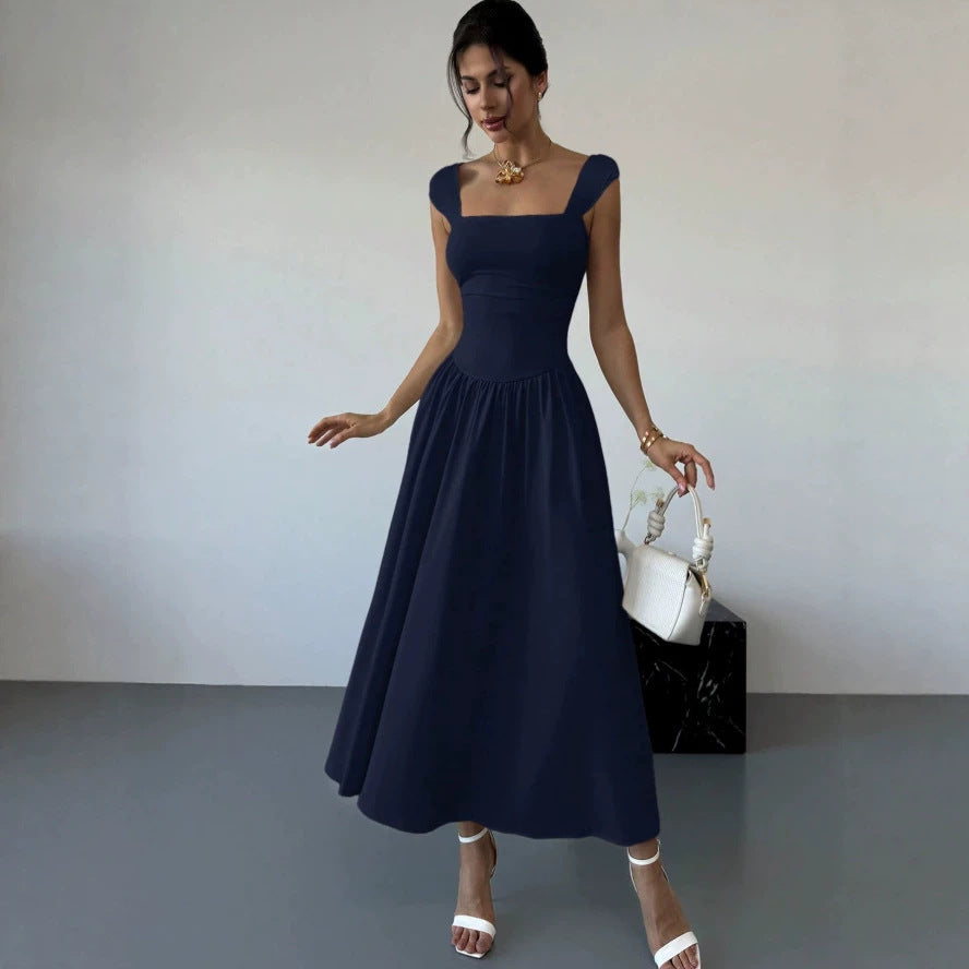 european and american summer new arrival: square neck, waist-defining, elegant maxi dress