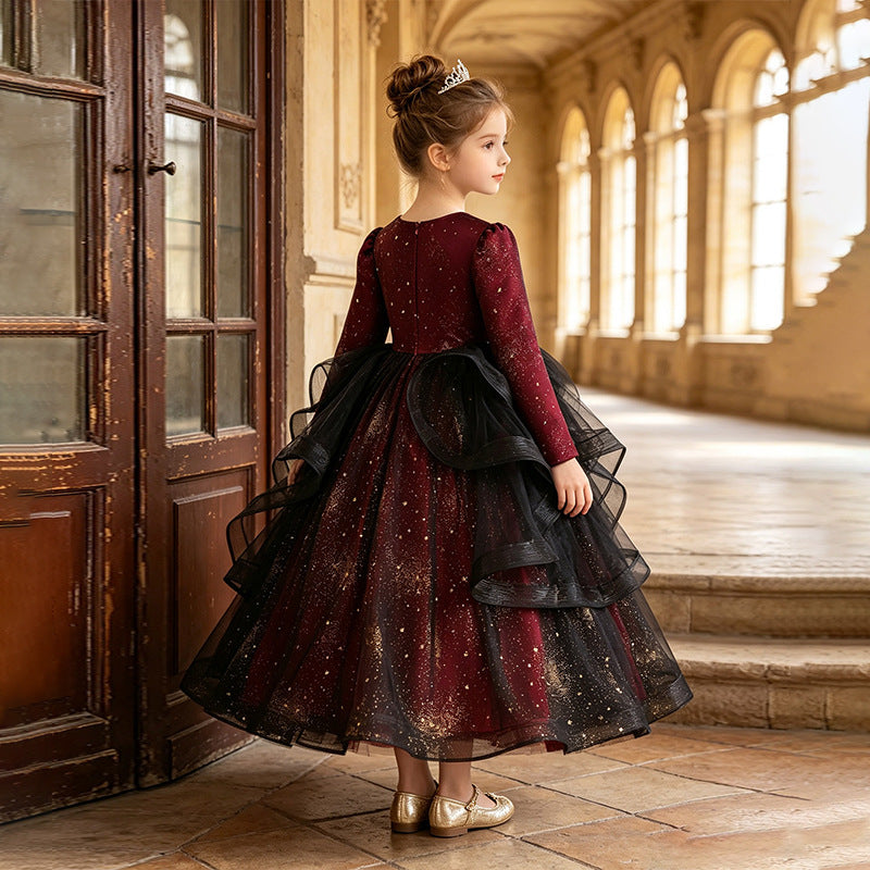 Girls' long-sleeve dark academia tulle dresses - wholesale for cross-border e-commerce, perfect for flower girls, weddings, and piano recitals - in stock & ready to ship ( compatible)