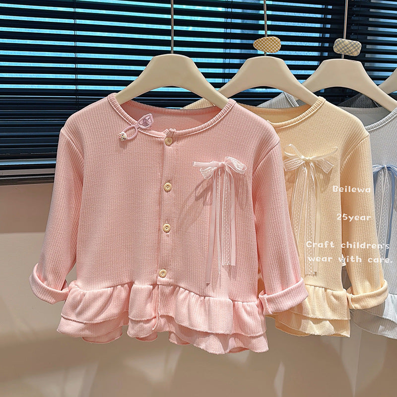 New girls' autumn outfit: versatile three-color bow cardigan - korean style casual, stylish, and trendy cardigan for baby girls