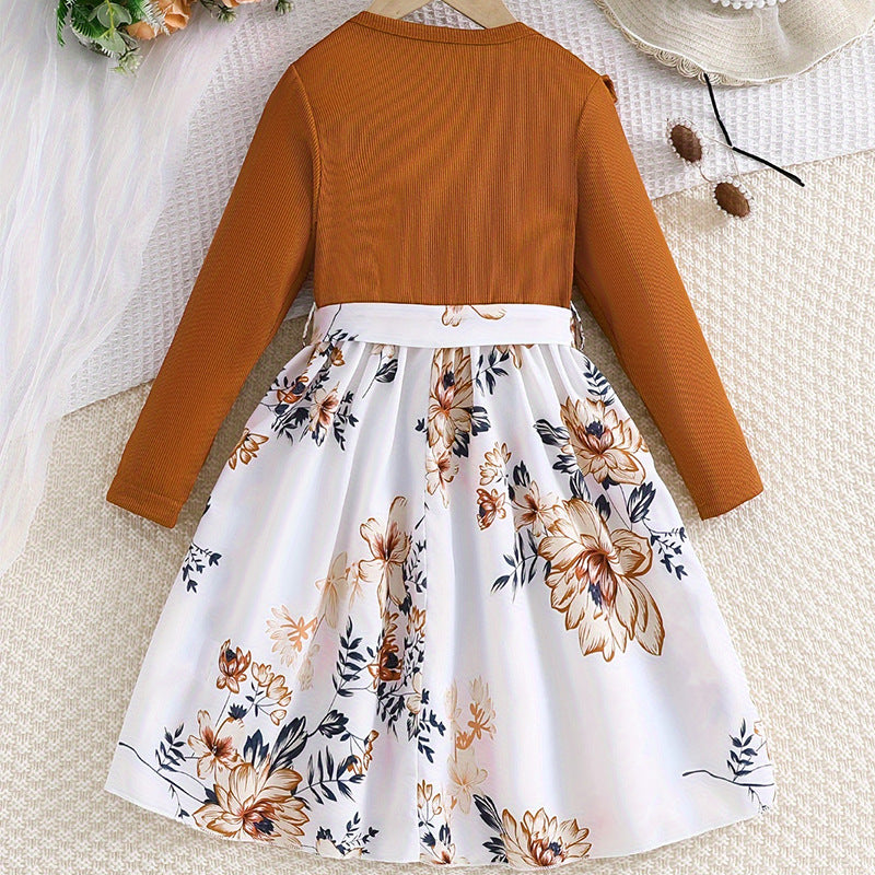 girls' dress - korean style autumn new arrival - ruffle trim long sleeve dress - floral print children's dress