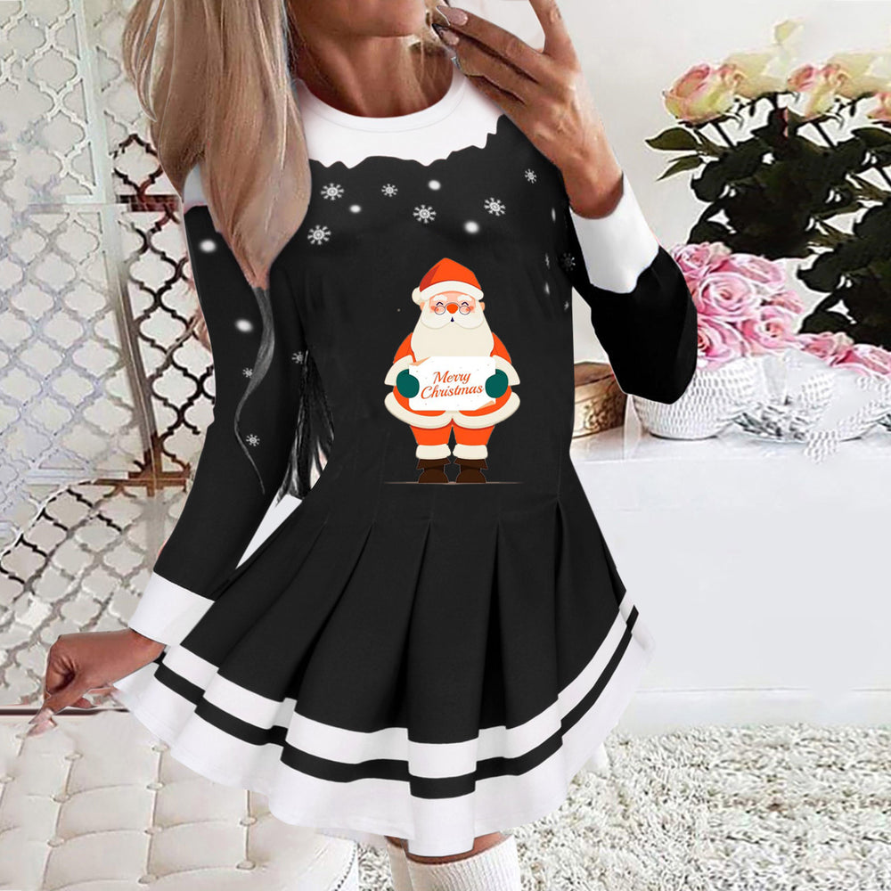 2025 european and american cross-border women's autumn/winter printed round neck long sleeve pleated party dress - european and american style