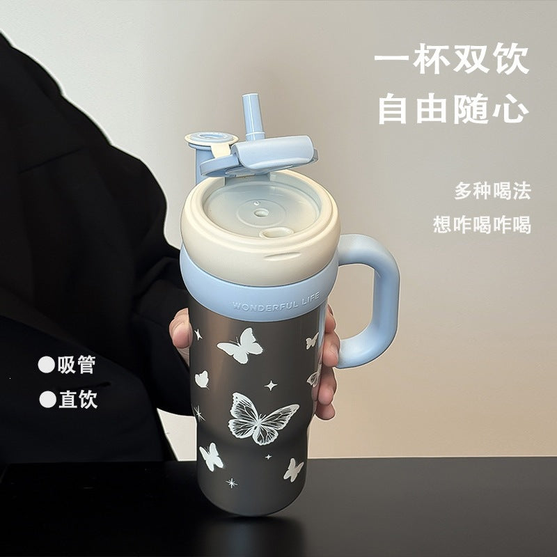Jumbo ice cup high-looking straw cup large capacity portable car cup girlscute cartoon thermos cup