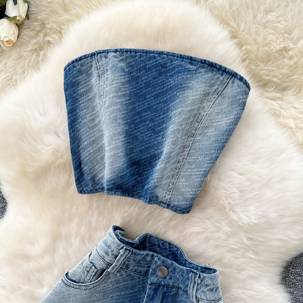 Hong kong style casualsuit women's summerclassy sense gradient color sleeveless tube top vest high waist denim wide-leg straight-leg pants