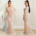 X5606 cross-border   nightclub style sexy rhinestone mesh see-through long sleeve maxi dress for women