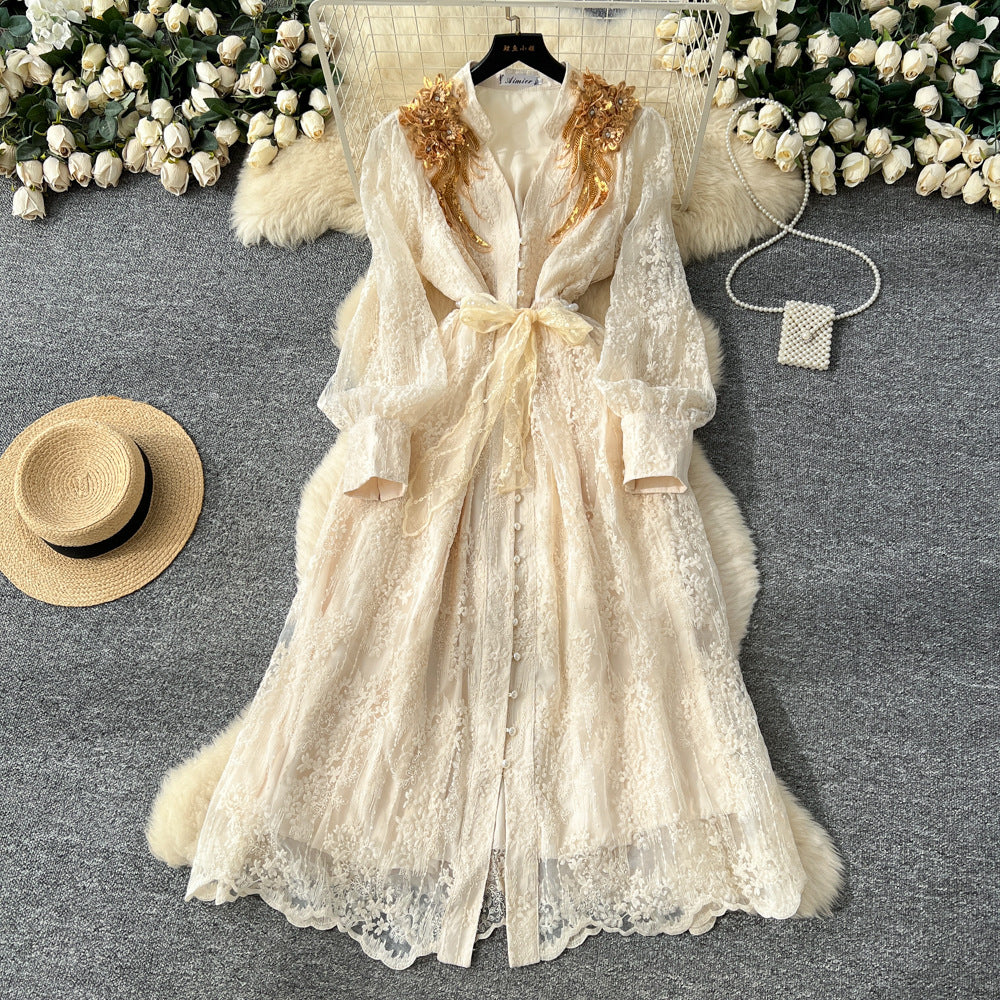 Elegant and sophisticated embroidered beaded sequin floral v-neck lantern sleeve single-breasted waist-cinching slimming embroidered dress for women