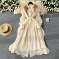 Elegant and sophisticated embroidered beaded sequin floral v-neck lantern sleeve single-breasted waist-cinching slimming embroidered dress for women